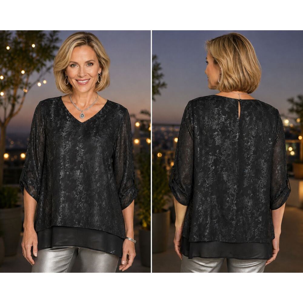 Chico’s Size 2 (Med) Black Brocade Print Top Sheer Hem Blouse Roll Tab Sleeves